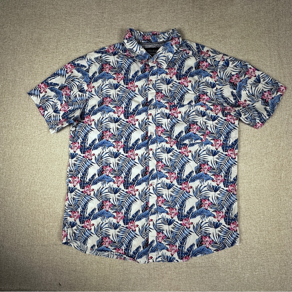 Monument Mens XL Tropical Floral Shirt Blue Pink Short Sleeve Button Down